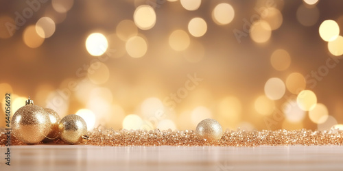 Shiny luxury bokeh christmas festival background, blur glitter snow winter backdrop with empty wooden table top for product display, golden festive new year holiday card with copy space Ai generated