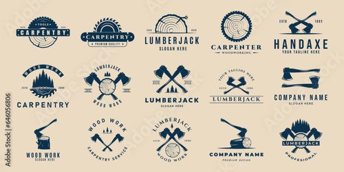 set of carpentry vector logo illustration design, lumberjack logo , axes , wood design template