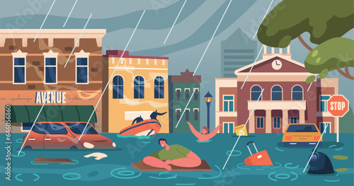 Characters Survive In Submerged City. Floodwaters Engulf Streets, Desperation And Rescue Efforts Intermingle