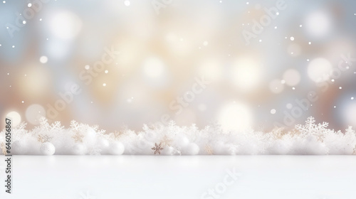 Shiny luxury bokeh christmas festival background, blur glitter snow winter backdrop with empty wooden table top for product display, golden festive new year holiday card with copy space Ai generated