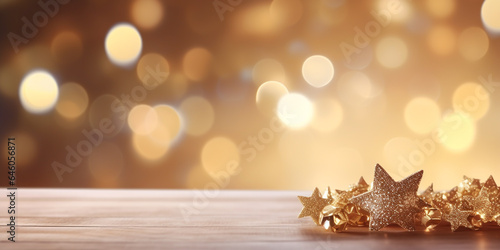 Shiny luxury bokeh christmas festival background, blur glitter snow winter backdrop with empty wooden table top for product display, golden festive new year holiday card with copy space Ai generated