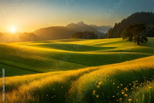 Sunset field landscape, where yellow flowers and grass meadows bask in the warm, golden-hour glow of sunset or sunrise. The soft focus captures the tranquility of spring and summer © Ayesha