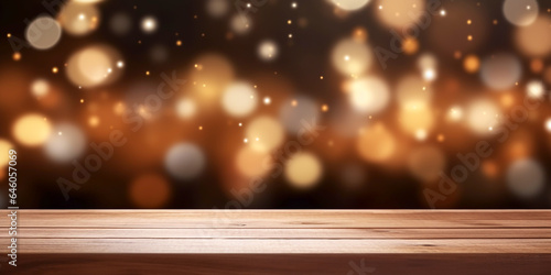 Shiny luxury bokeh christmas festival background, blur glitter snow winter backdrop with empty wooden table top for product display, golden festive new year holiday card with copy space Ai generated © WAN_ASSET