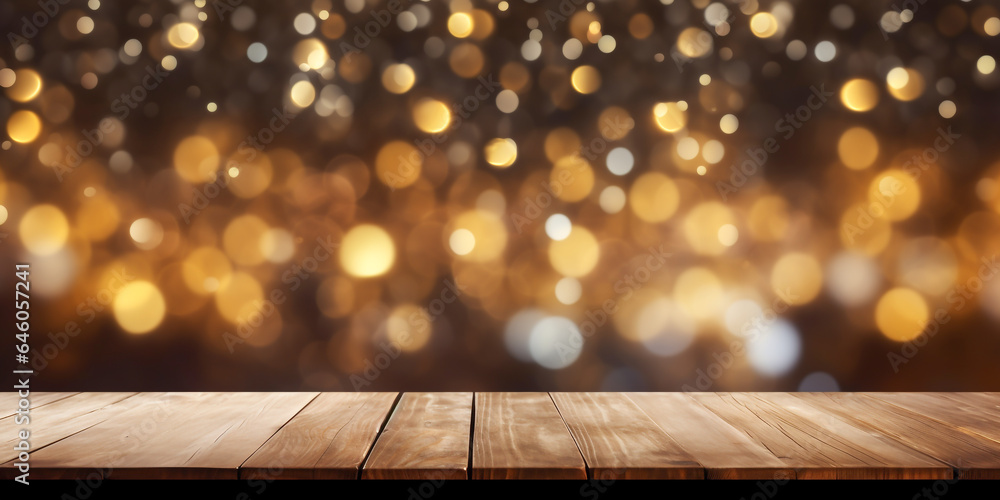 Shiny luxury bokeh christmas festival background, blur glitter snow winter backdrop with empty wooden table top for product display, golden festive new year holiday card with copy space Ai generated - obrazy, fototapety, plakaty 