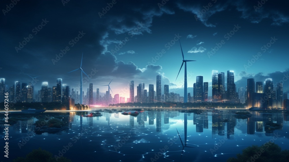 A modern, eco-friendly cityscape illuminated by a network of wind turbines