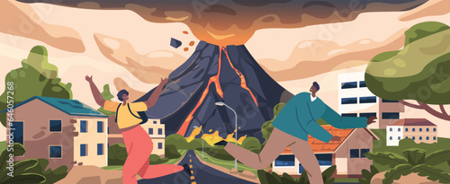 Fleeing In Panic, People Scramble To Escape The Impending Volcanic Eruption Fury, Characters Seeking Safety