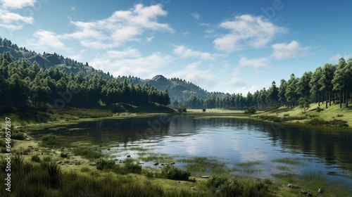 A serene lake surrounded by lush forests  with a hydroelectric dam in the distance