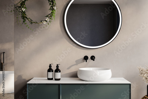 Close up of white sink standing on a wooden vanity unit in a white wall bathroom with a mirror and liquid soap. Relaxation and self care concept