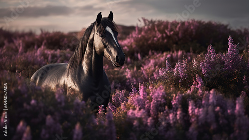 A black horse in a field of purple flowers.