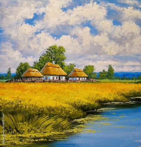 Summer landscape with a house and river. Oil paintings, old village, rural landscape with windmill. Fine art, artwork.