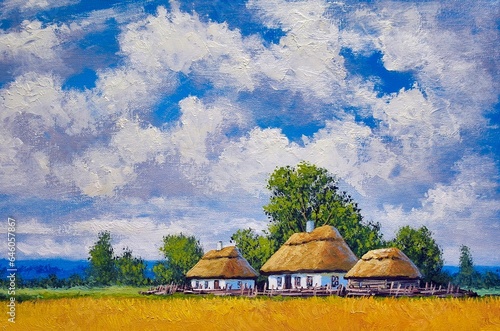 Summer landscape with a house. Oil paintings, old village, rural landscape. Fine art, artwork.