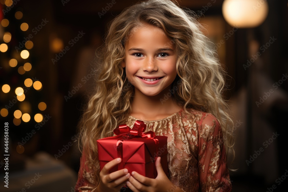 people, holidays, christmas, birthday and celebration concept - Happy little smiling girl with christmas gift box by the Christmas tree in the cozy living room of the house. people, holidays, christmas, birthday and celebration concept - Happy little smiling girl with christmas gift box by the Christmas tree in the cozy living room of the house.