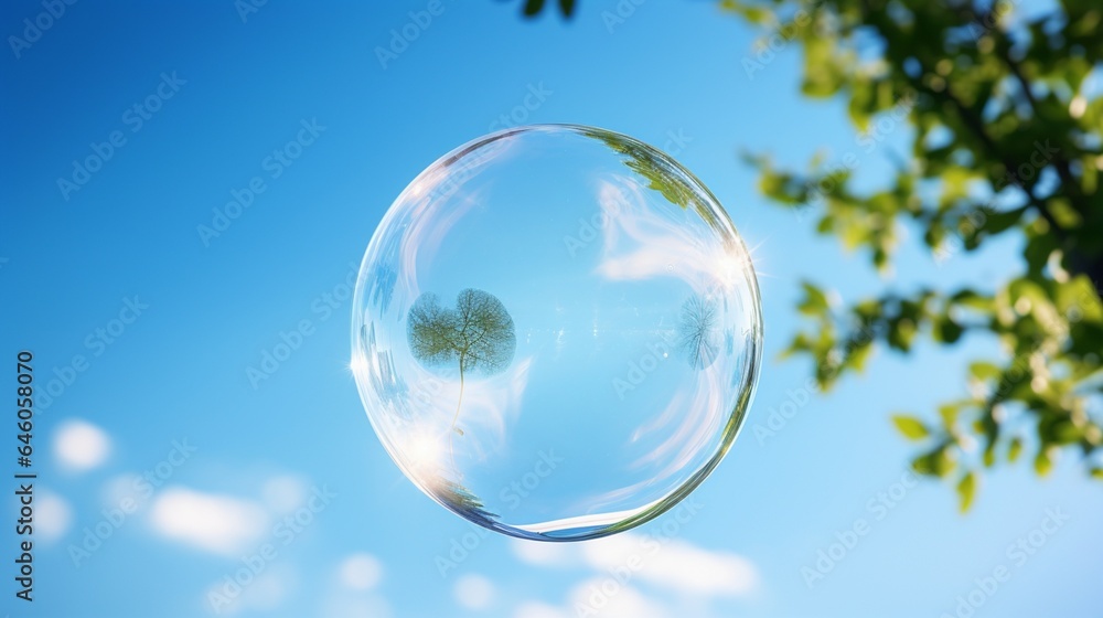 A soap bubble filled with air pollutants, contrasting with a clear blue sky A soap bubble filled with air pollutants, contrasting with a clear blue sky