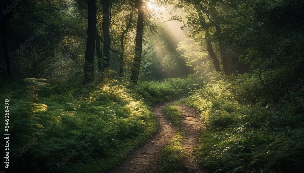 Fototapeta premium Tranquil forest footpath, sunlight through fog, mysterious beauty in nature generated by AI
