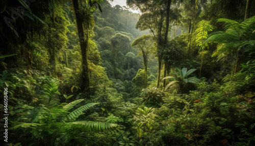 Tranquil scene of tropical rainforest with green fern and palm tree generated by AI