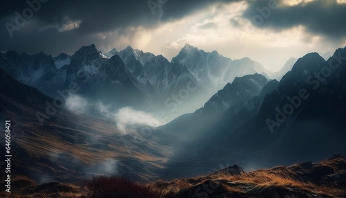 Majestic mountain range, tranquil meadow, and panoramic landscape at dawn generated by AI