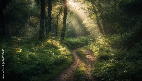 Tranquil forest footpath, sunlight through fog, mysterious beauty in nature generated by AI