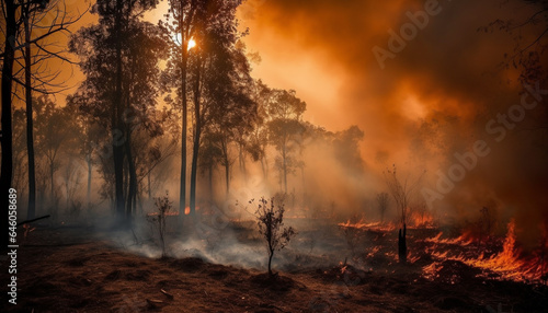 Forest fire inferno destroys landscape, ash covers pine tree meadow generated by AI