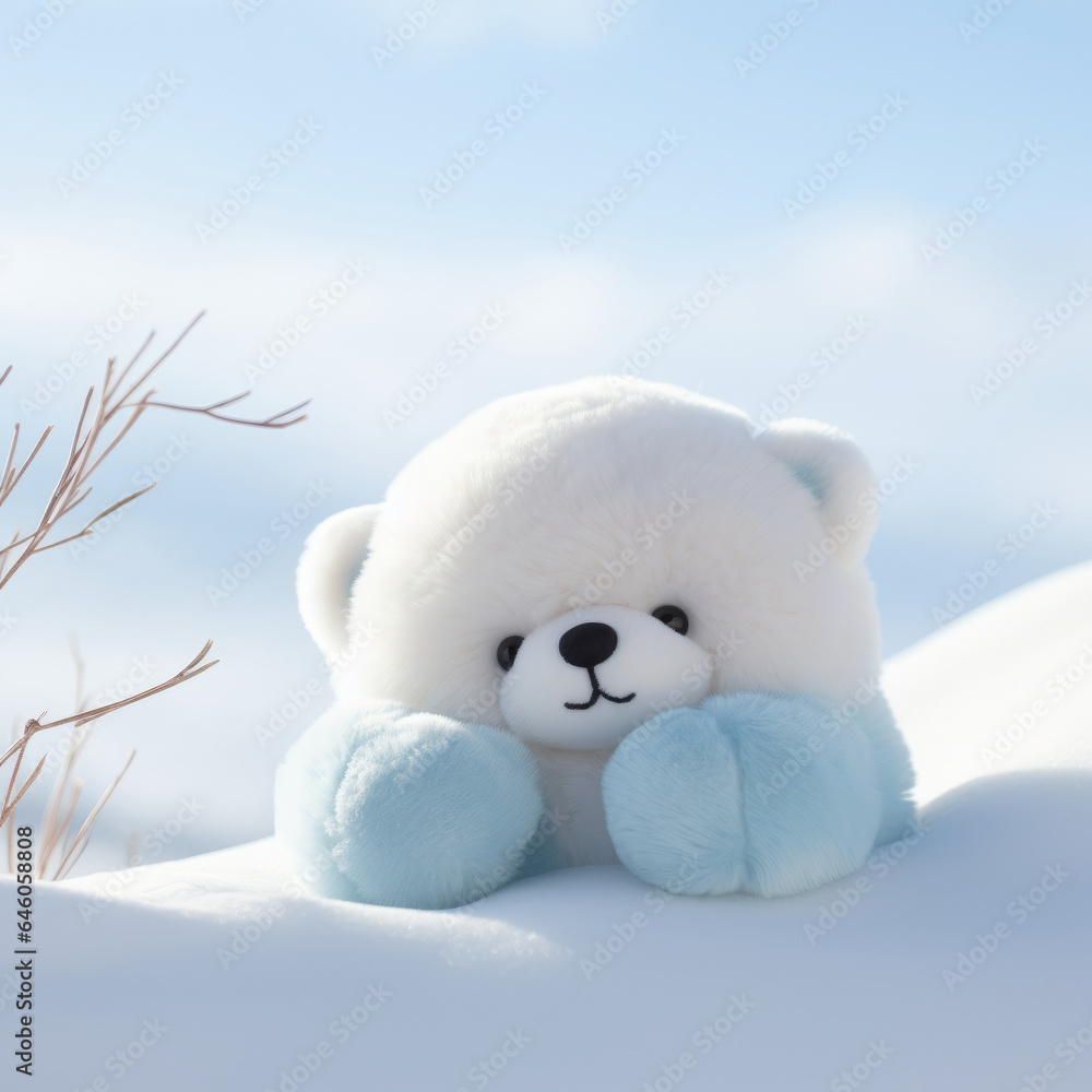 Children's plush toy, teddy bear in the snow on a sunny day. The concept of play, purity and sweetness.