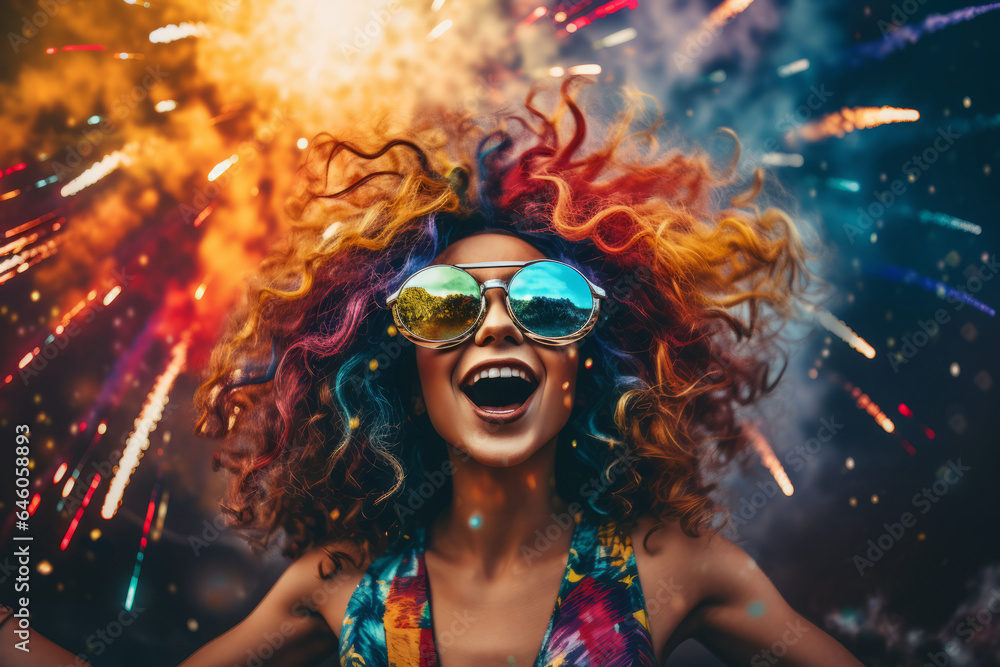 A beautiful girl in the middle of a big celebration, champagne, balloons, confetti, fireworks. A beautiful girl in the middle of a big celebration, champagne, balloons, confetti, fireworks.