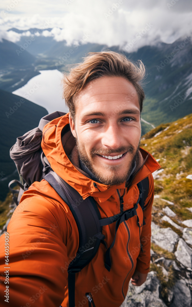 Man takes a selfie during an alpine excursion, in the background a valley and high mountains