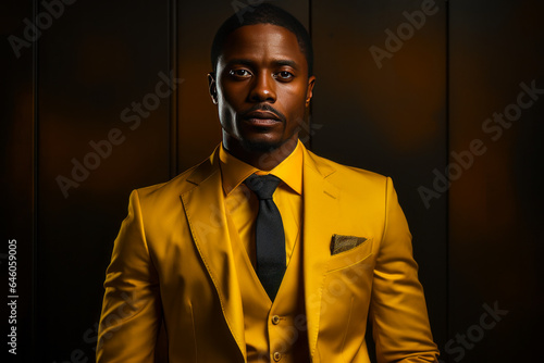 Captivating portrait of a stylish African man, elegantly dressed in chic yellow suit and tie. A compelling mix of sophistication and worldliness.