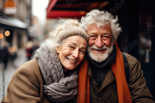 portrait of old couple outside wearing coats, ai generated
