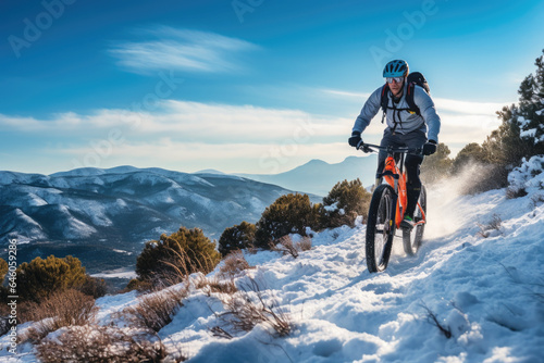 Fotobehang Cyclist riding the bike in the beautiful snowy mountains