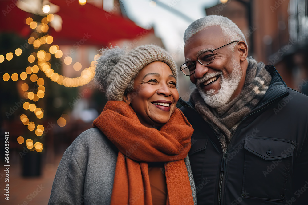 portrait of old black couple outside wearing coats, ai generated