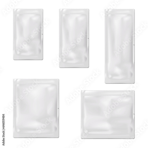 Blank white sachet packet with single tear notch. Vector mock-up set. Plastic or foil pouch bag template. Food, medical or cosmetic product individual package kit mockup