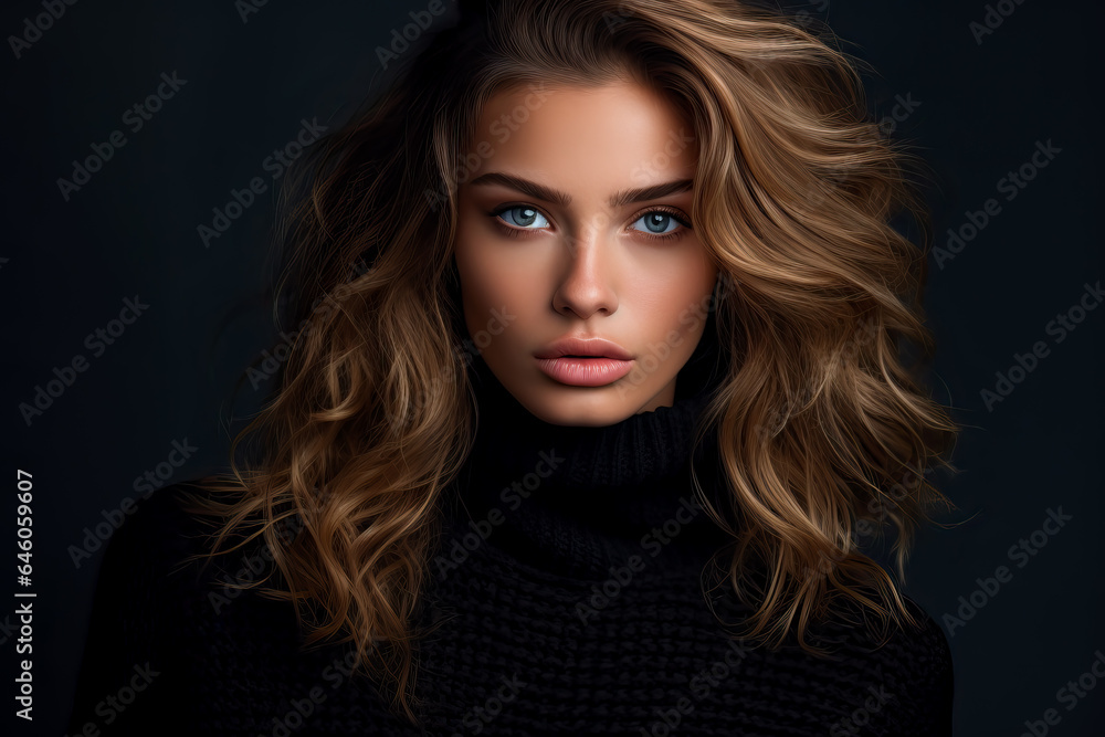 Fototapeta premium portrait of brunette young woman on black background, ai generated