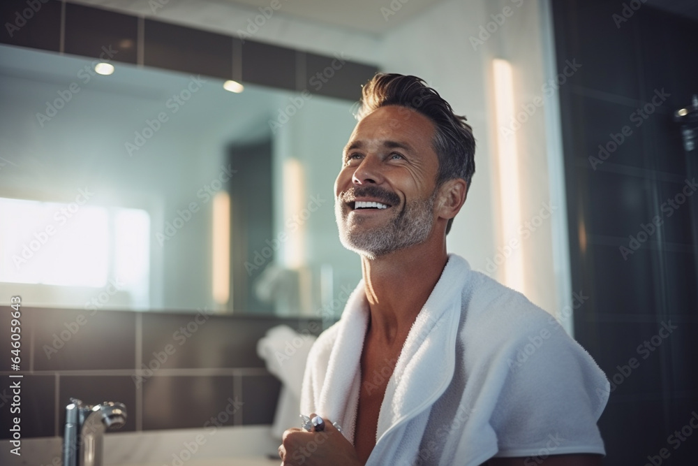 50-year-old man comes out of the shower with a towel in a luxurious
