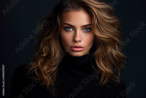 portrait of brunette young woman on black background, ai generated