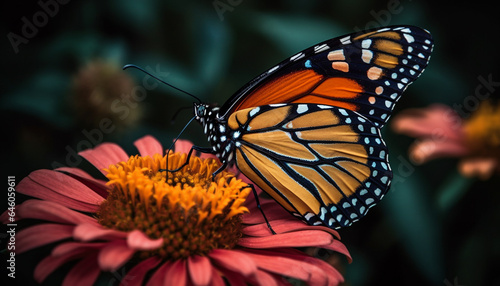 Vibrant monarch butterfly pollinates multi colored flower in summer outdoors generated by AI