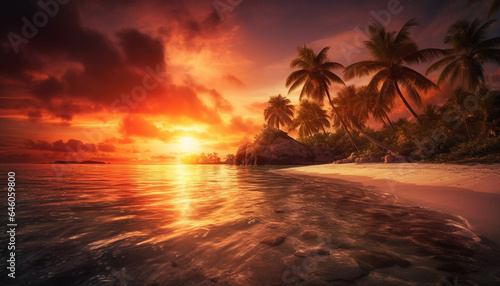 Tranquil scene of tropical coastline, palm trees, and turquoise waters generated by AI