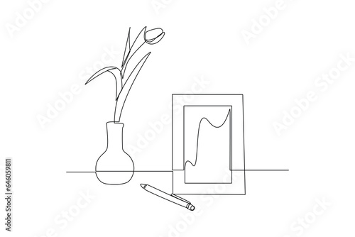 One continuous line drawing of accessories and office equipment concept. Doodle vector illustration in simple linear style. 
