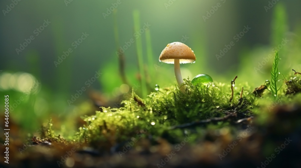 A tiny mushroom emerging from a dew-covered leaf, resting on a bed of rich green moss, forest background A tiny mushroom emerging from a dew-covered leaf, resting on a bed of rich green moss, forest background