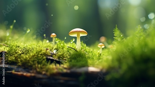 A tiny mushroom emerging from a dew-covered leaf, resting on a bed of rich green moss, forest background