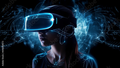 Young adult wearing headset in futuristic virtual reality simulator generated by AI © Stockgiu