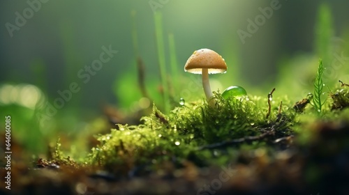 A tiny mushroom emerging from a dew-covered leaf, resting on a bed of rich green moss, forest background