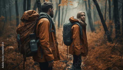 Two young adults walking in nature, exploring autumn hiking adventures generated by AI