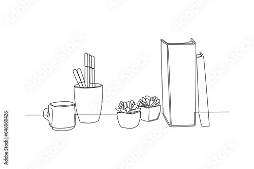 One continuous line drawing of accessories and office equipment concept. Doodle vector illustration in simple linear style. 
