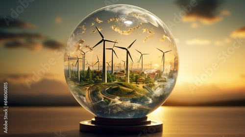 Capture a breathtaking photograph of a glass globe filled with swirling wind patterns and adorned with miniature wind turbines, portraying the elegance of wind energy