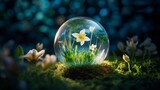 Capture a breathtaking scene of a glass globe emerging from the center of a blooming flower, representing the growth and sustainability of green energy solutions