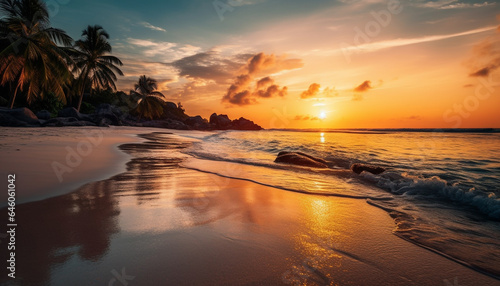 Tranquil sunset over tropical coastline, reflecting beauty in nature generated by AI