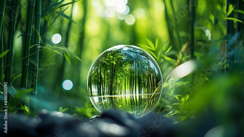 Capture a breathtaking photograph of a glass globe surrounded by a serene bamboo forest, highlighting the role of sustainable materials in green energy