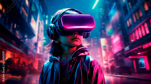 Dive into the Future: Teen Experiencing VR Metaverse in Cyberpunk City