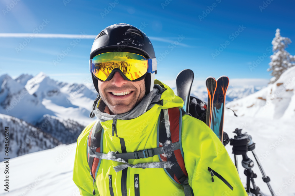 Happy smiling skier on the mountain 