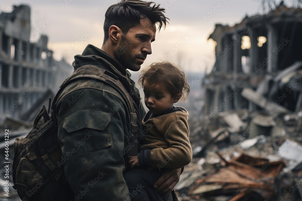 Brave soldier tenderly holds a small child in their arms Brave soldier tenderly holds a small child in their arms