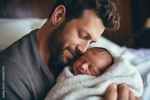 Young father cradles his newborn baby in his arms